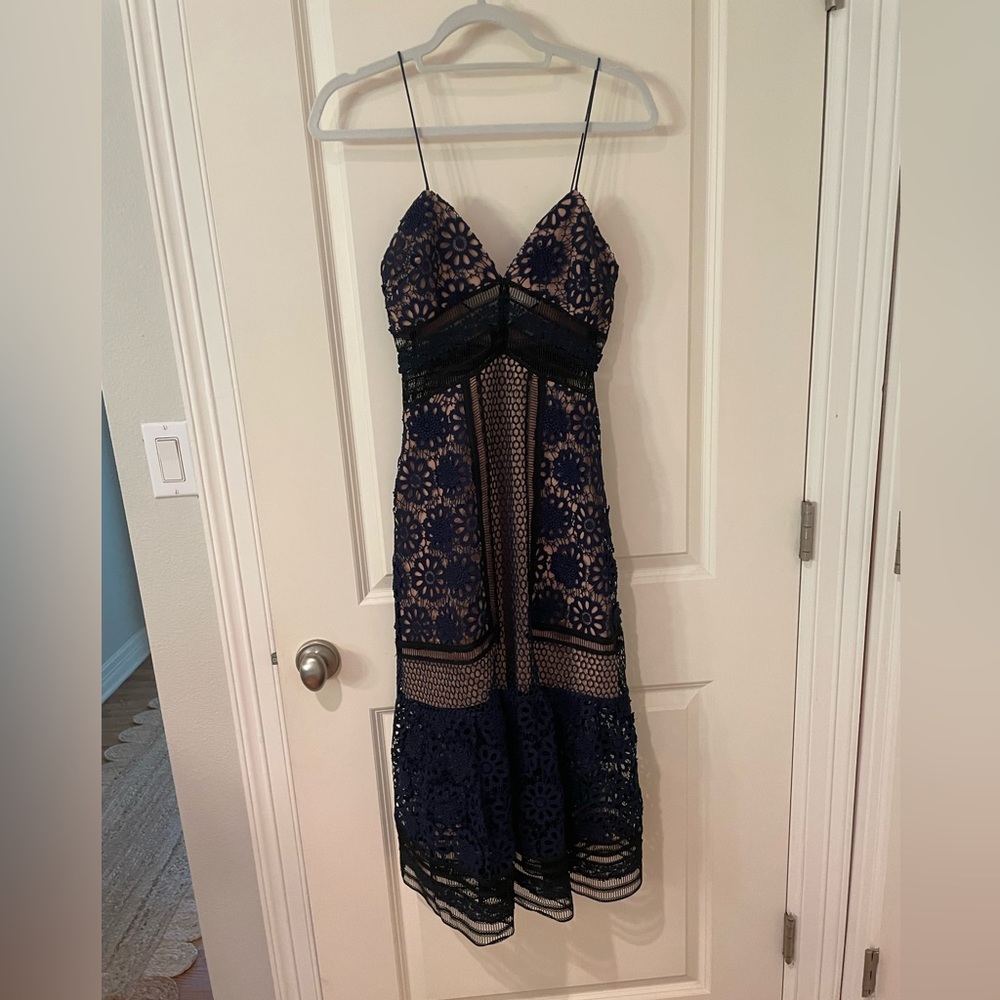 Self Portrait strappy midi dress in blue/black US sz 4